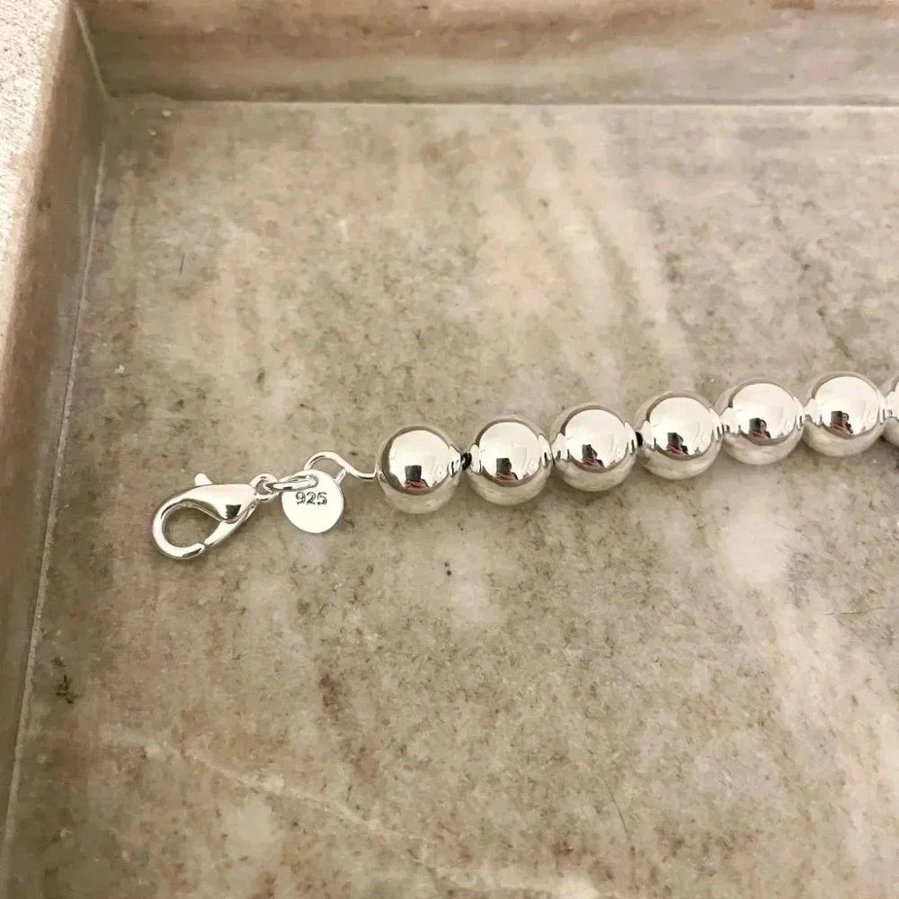 925 Sterling Silver Bead Bracelet 10 MM Ball Bracelet Large Round Bracelet